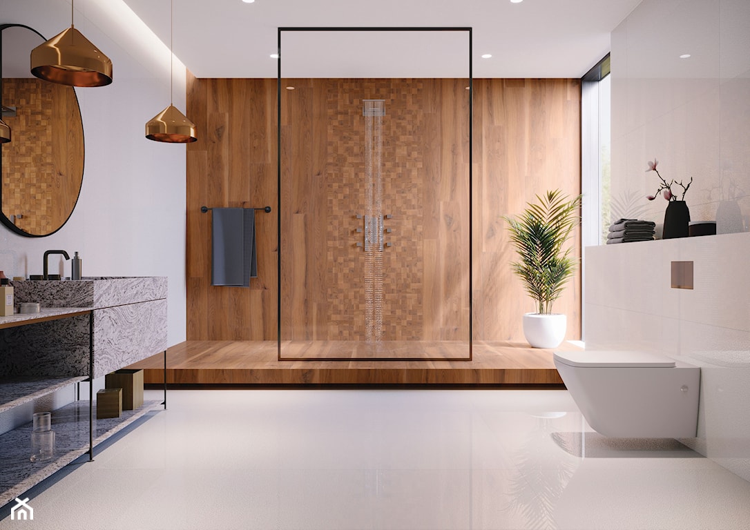 nowoczesna łazienka, łazienka z drewnem, drewno w łazience