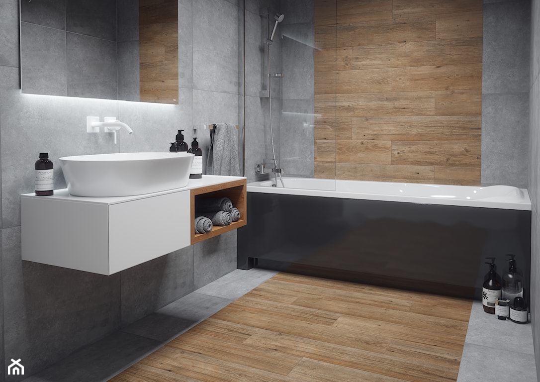 beton i drewno w łazience, płytki imitujące beton, płytki imitujące drewno