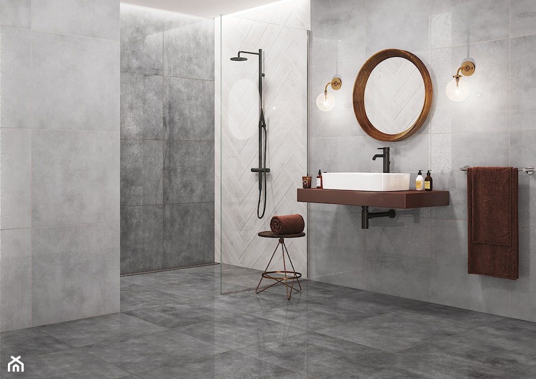 szara łazienka, imitacja betonu w łazience, duże płytki w łazience
