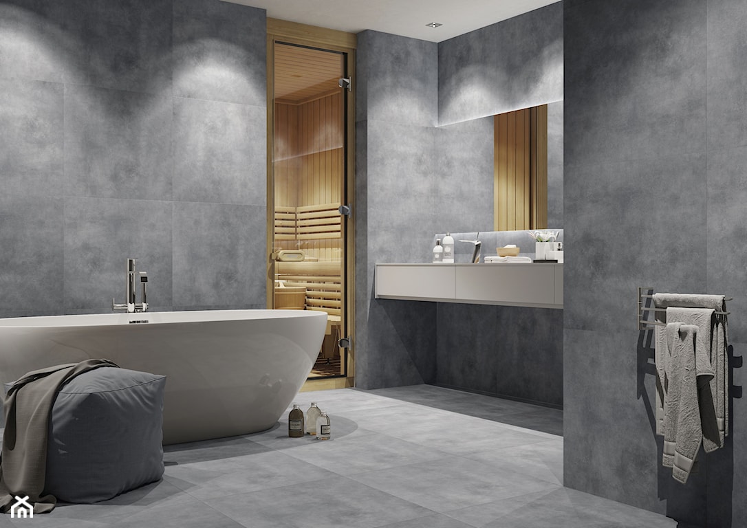 sauna, sauna w łazience, szara łazienka, szare płytki w łazience, płytki imitujące beton