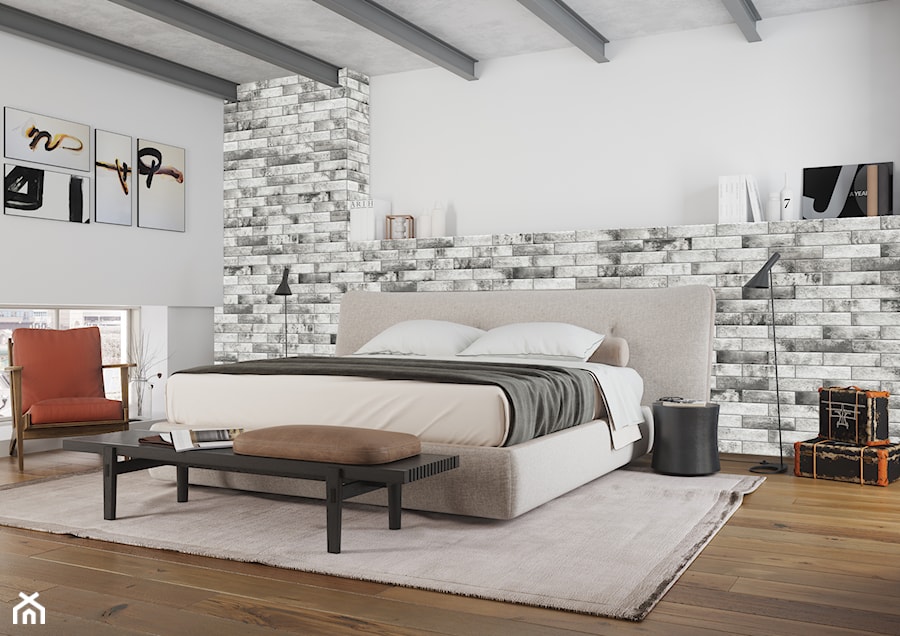 Cegła kolekcja Piatto - Duża biała szara sypialnia na poddaszu, styl nowoczesny - zdjęcie od Cerrad