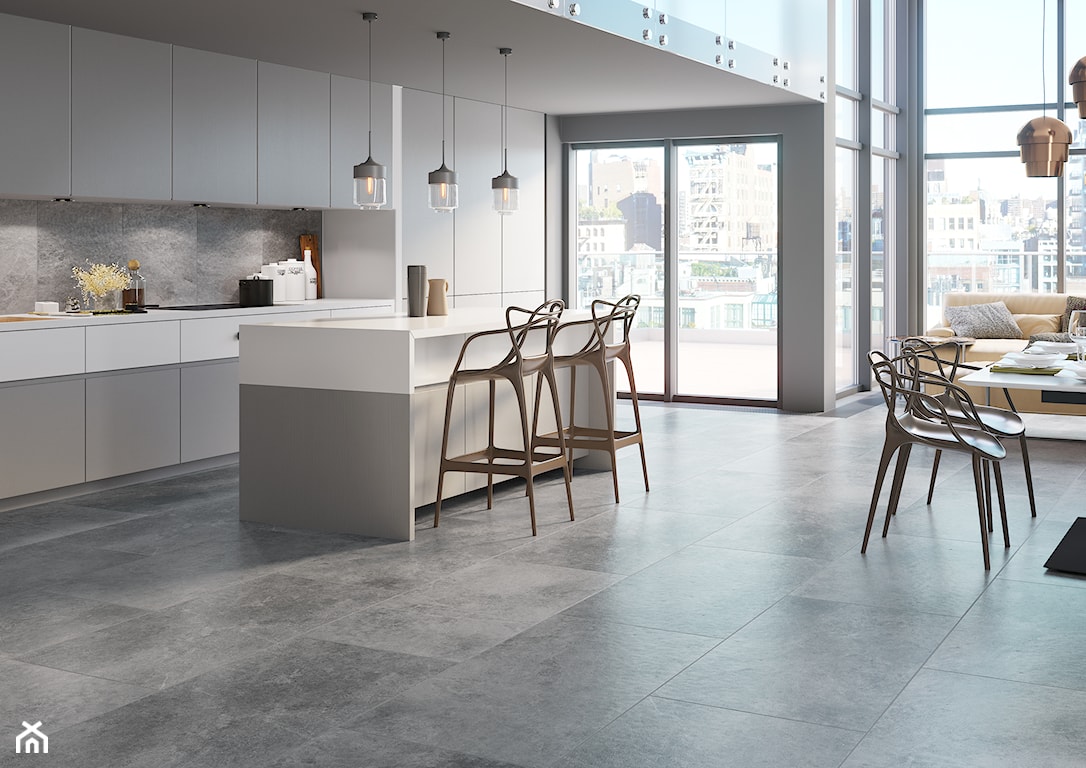 płytki inspirowane betonem na podłodze w kuchni