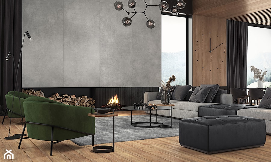 Kolekcja Concrete - Duży brązowy czarny szary salon z jadalnią, styl minimalistyczny - zdjęcie od Cerrad
