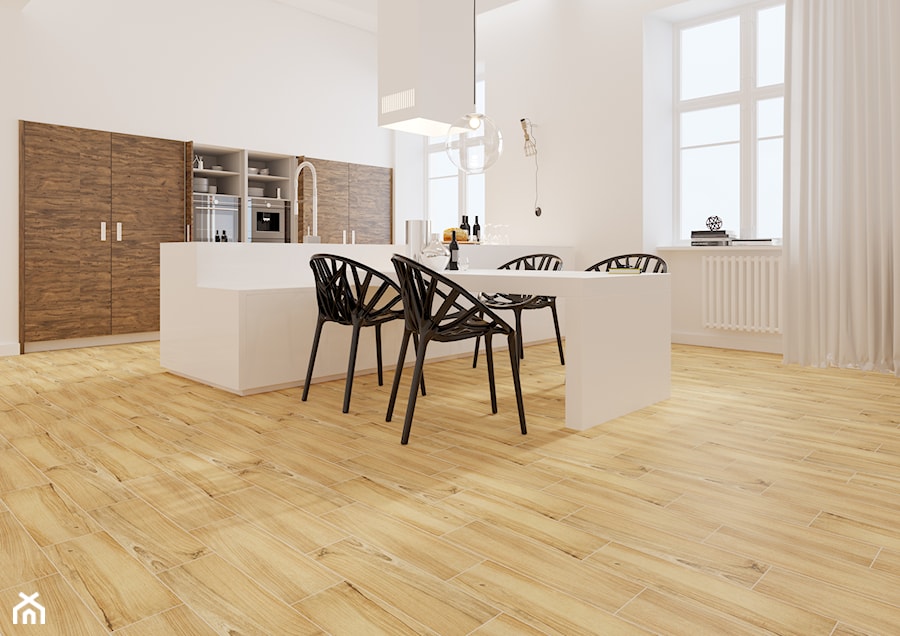 Drewno kolekcja Lussaca - Duża biała jadalnia w kuchni, styl nowoczesny - zdjęcie od Cerrad
