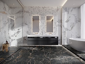 Mozaika Calacatta White - Duża jako pokój kąpielowy z dwoma umywalkami z marmurową podłogą łazienka z oknem, styl nowoczesny - zdjęcie od Cerrad