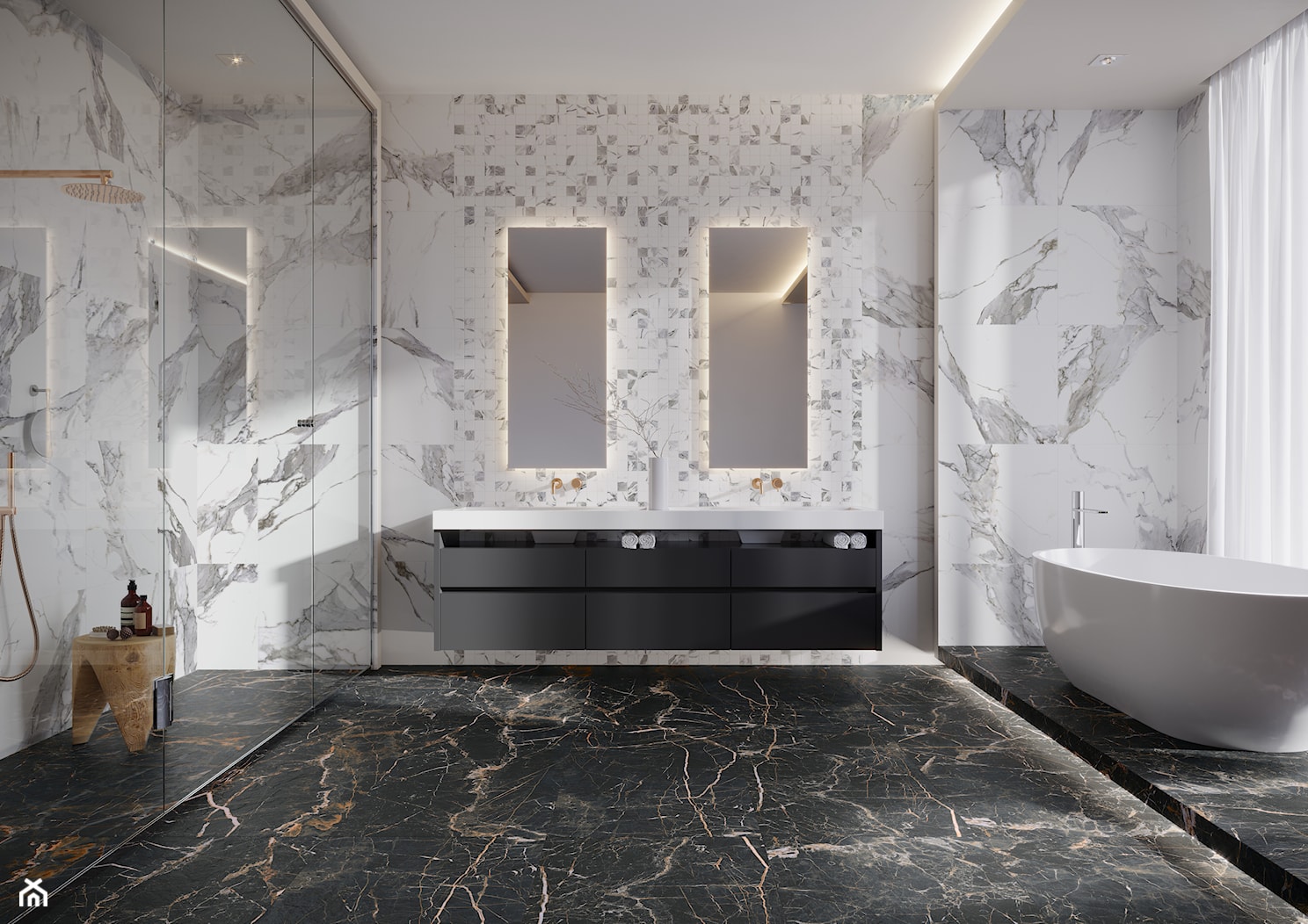 Mozaika Calacatta White - Duża jako pokój kąpielowy z dwoma umywalkami z marmurową podłogą łazienka z oknem, styl nowoczesny - zdjęcie od Cerrad - Homebook