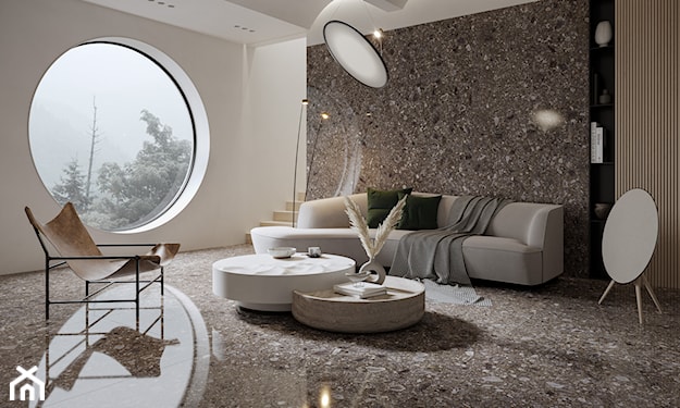 Płytki imitujące kamień w aranżacji minimalistycznego salonu