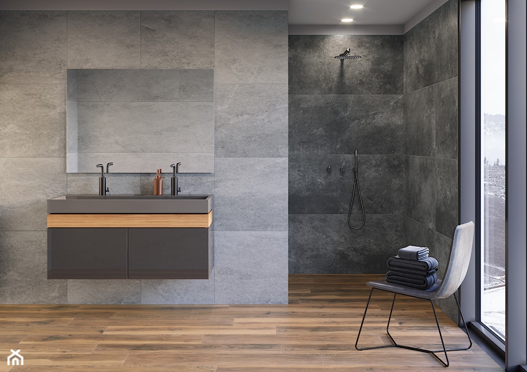 beton i drewno w łazience, płytki inspirowane betonem, płytki inspirowane drewnem