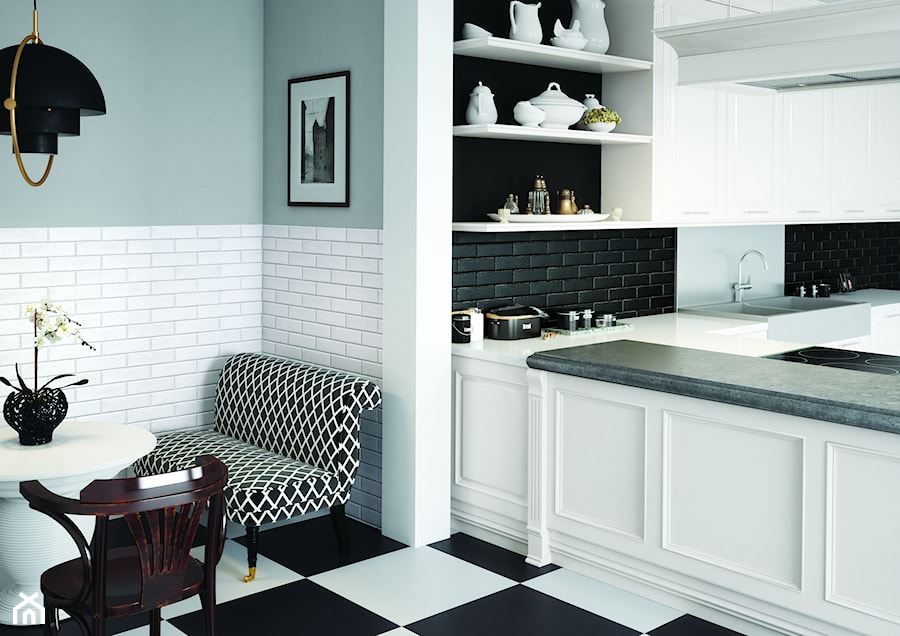 Kolekcja Foggia - Mała otwarta z salonem z kamiennym blatem biała szara z zabudowaną lodówką z nablatowym zlewozmywakiem kuchnia w kształcie litery l, styl nowoczesny - zdjęcie od Cerrad