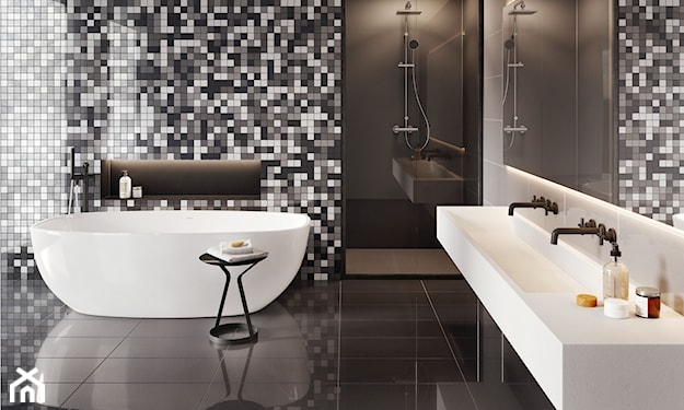 mozaika w łazience, biało-czarna łazienka, nowoczesna łazienka