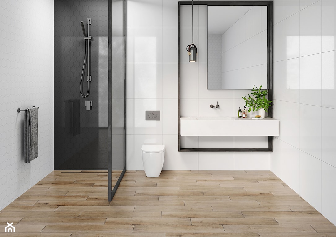 biało-czarna łazienka, łazienka z drewnem, minimalistyczna łazienka