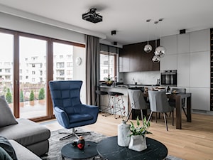 Apartament Altoria 2 - Gdynia - Średni biały salon z kuchnią z jadalnią z tarasem / balkonem z barkiem, styl nowoczesny - zdjęcie od Anna Serafin Architektura Wnętrz