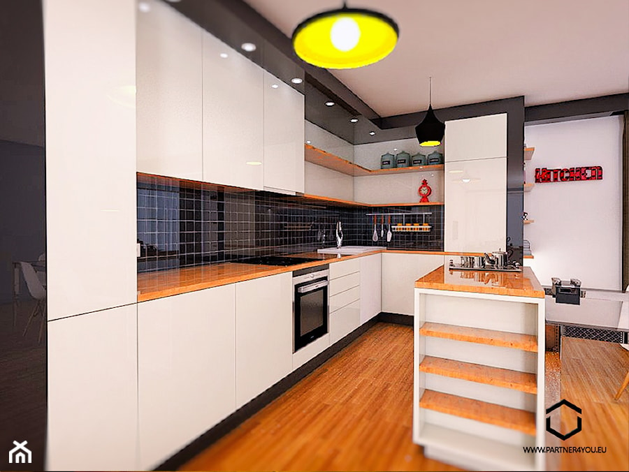 Kuchnia_kawalerka - Duża otwarta z salonem czarna z zabudowaną lodówką kuchnia w kształcie litery l z wyspą lub półwyspem, styl nowoczesny - zdjęcie od GrupaPartner