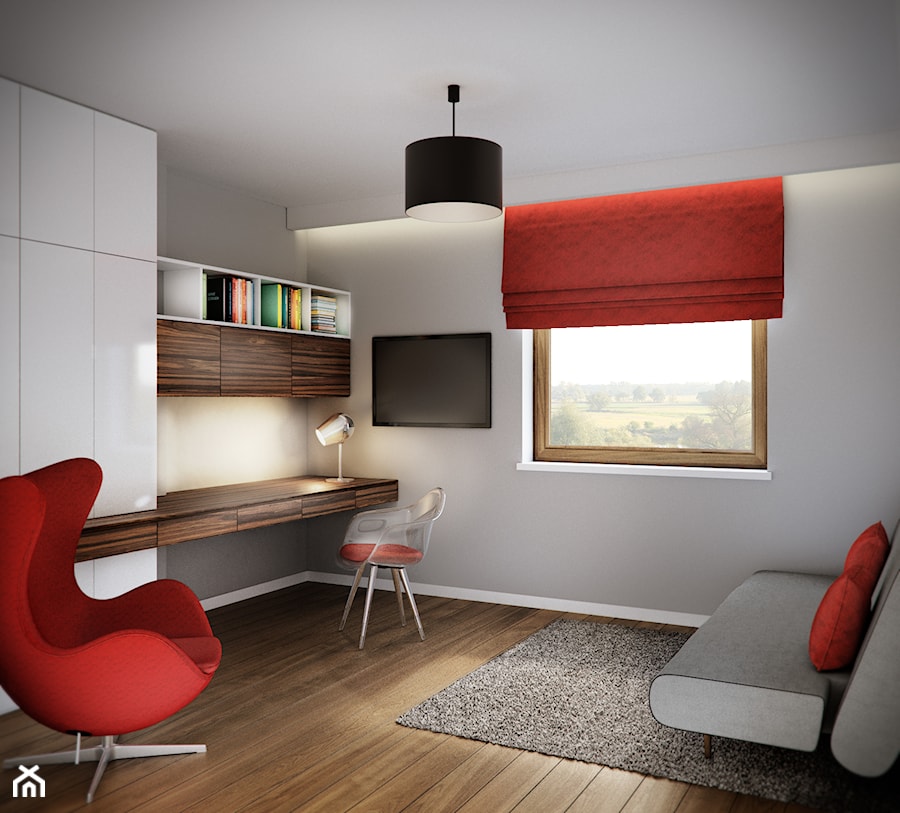 Projekt wnętrz domu jednorodzinnego-Realizacja 2013/2014 - Średnie z sofą z zabudowanym biurkiem szare biuro, styl nowoczesny - zdjęcie od Mogho-Design