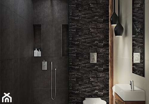 Wc przy salonie i pokoju gościnnym z prysznicem dla gości - zdjęcie od Mogho-Design