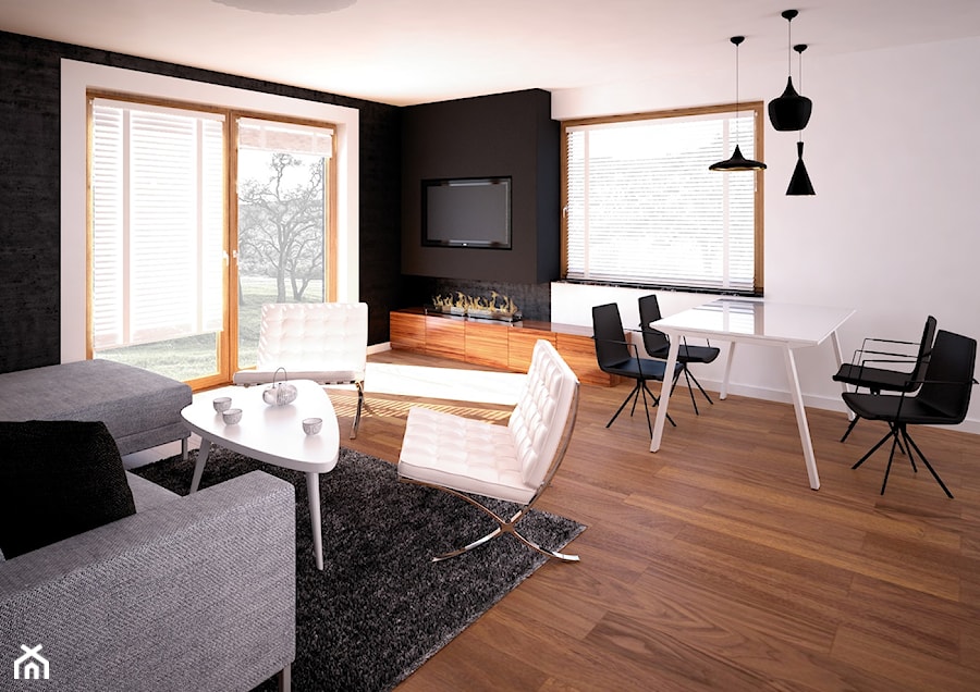 Projekt wnętrz domu jednorodzinnego-Realizacja 2013/2014 - Średni biały czarny salon z jadalnią z tarasem / balkonem, styl nowoczesny - zdjęcie od Mogho-Design