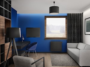 Projekt wnętrz domu jednorodzinnego-Realizacja 2013/2014 - Średnie z sofą białe niebieskie biuro, styl nowoczesny - zdjęcie od Mogho-Design