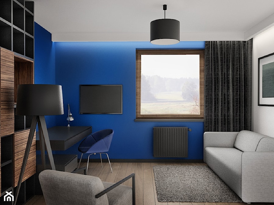 Projekt wnętrz domu jednorodzinnego-Realizacja 2013/2014 - Średnie z sofą białe niebieskie biuro, styl nowoczesny - zdjęcie od Mogho-Design