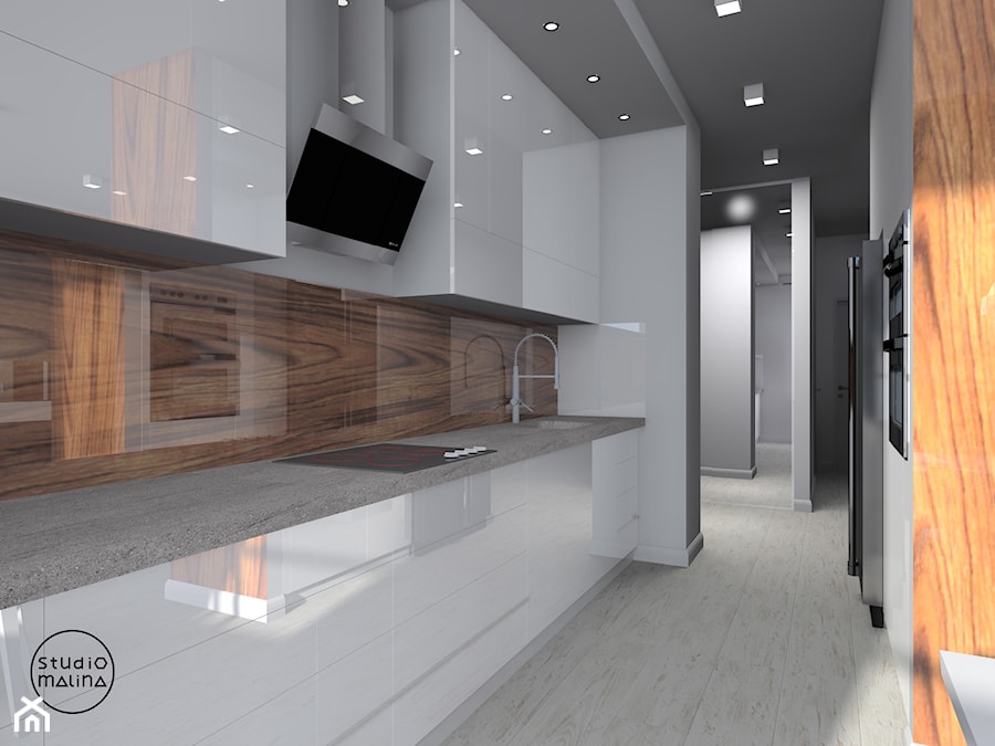 Błyszczące mieszkanie - Duża otwarta z zabudowaną lodówką z lodówką wolnostojącą kuchnia dwurzędowa - zdjęcie od Studio Malina – Architekci & Projektanci wnętrz