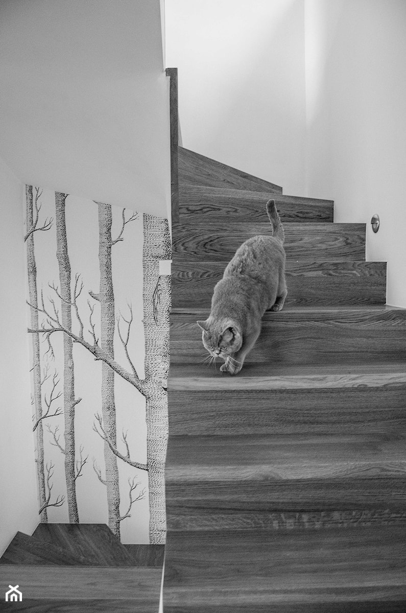 REALIZACJA | spokój pod miastem - Schody dwubiegowe zabiegowe drewniane, styl skandynawski - zdjęcie od Studio Malina – Architekci & Projektanci wnętrz