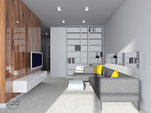 Błyszczące mieszkanie - Średni biały salon z bibiloteczką - zdjęcie od Studio Malina – Architekci & Projektanci wnętrz