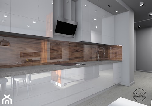Błyszczące mieszkanie - Średnia otwarta z kamiennym blatem biała szara z zabudowaną lodówką z podblatowym zlewozmywakiem kuchnia jednorzędowa, styl nowoczesny - zdjęcie od Studio Malina – Architekci & Projektanci wnętrz