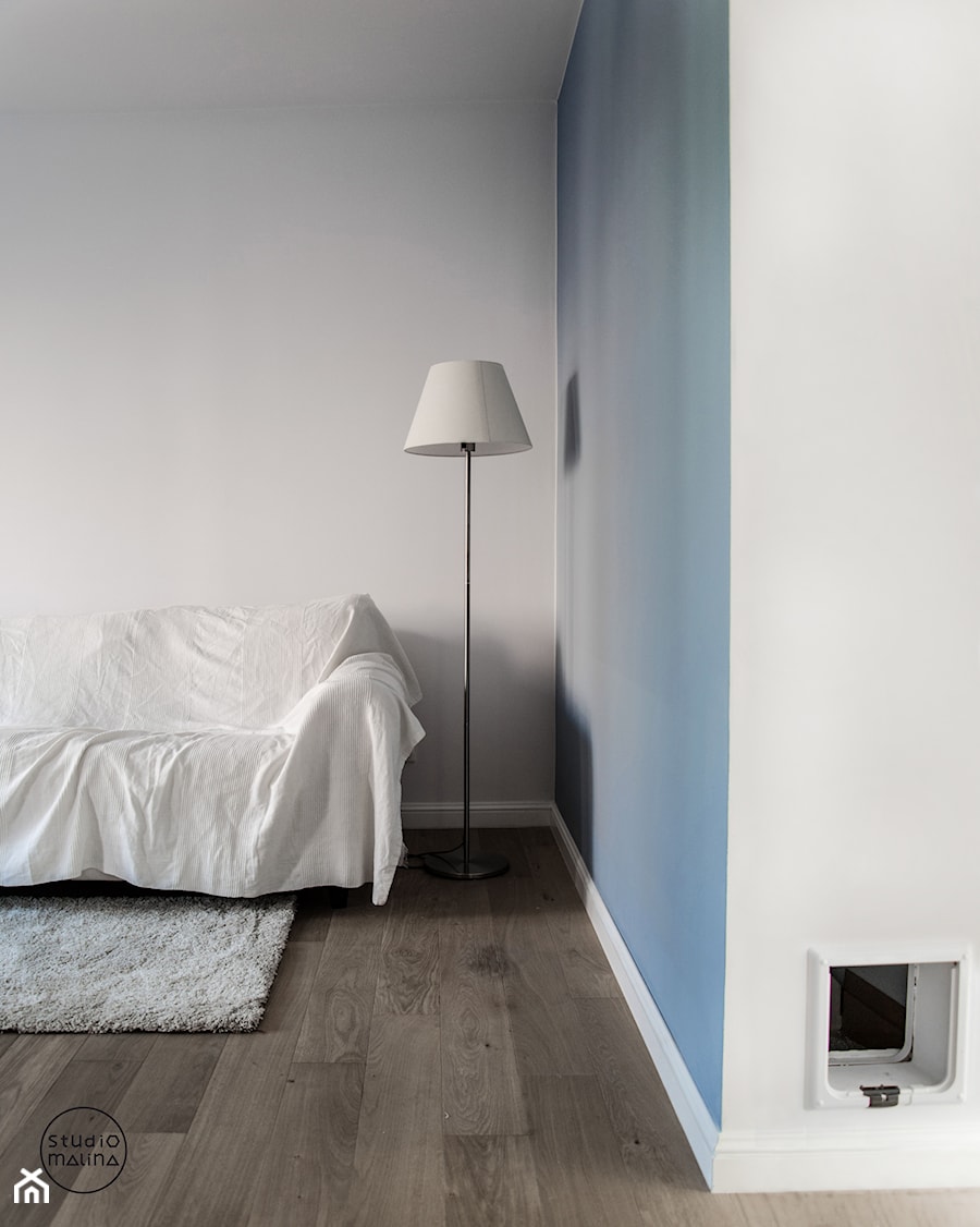 Realizacja | Skandynawskie mieszkanie dla pary z kotem - Średni niebieski szary salon, styl skandynawski - zdjęcie od Studio Malina – Architekci & Projektanci wnętrz