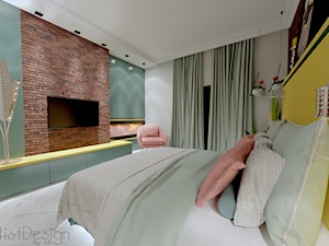 Sypialnia inspirowana stylem Retro - Duża niebieska szara żółta sypialnia, styl glamour - zdjęcie od Studio Wnętrz Arabeska
