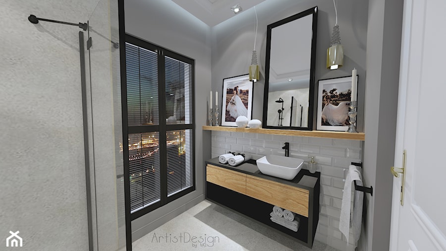Mała łazienka w szarości - Średnia z lustrem z punktowym oświetleniem łazienka z oknem, styl nowoczesny - zdjęcie od Studio Wnętrz Arabeska