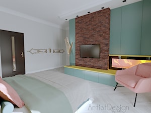 Sypialnia inspirowana stylem Retro - Duża biała niebieska sypialnia, styl glamour - zdjęcie od Studio Wnętrz Arabeska