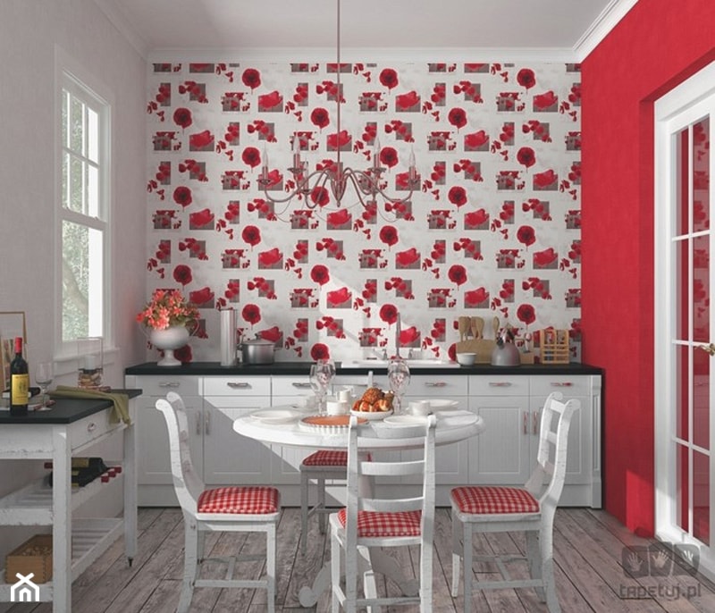 Inspiracje: Tapeta w kuchni - Mała otwarta z salonem kuchnia jednorzędowa, styl vintage - zdjęcie od Small world of design