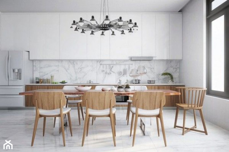 Materiał: Marmur we wnętrzach - Duża biała szara jadalnia w kuchni, styl skandynawski - zdjęcie od Small world of design - Homebook