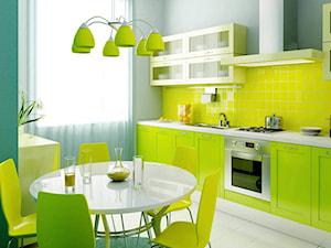 Kolor i deseń: Kolor miesiąca - intensywny żółty - Średnia otwarta zielona żółta z zabudowaną lodówką z nablatowym zlewozmywakiem kuchnia jednorzędowa, styl nowoczesny - zdjęcie od Small world of design