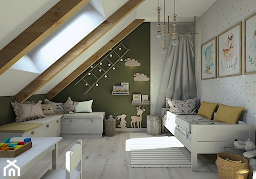 Projekt mieszkania na poddaszu w stylu rustyklanym - Średni biały zielony pokój dziecka dla dziecka ... - zdjęcie od Karolina Saj-Chodorowska Architektura Wnętrz