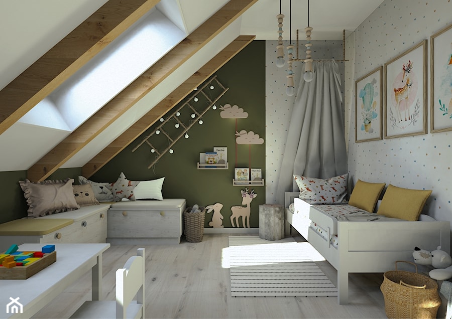 Projekt mieszkania na poddaszu w stylu rustyklanym - Średni biały zielony pokój dziecka dla dziecka dla chłopca dla dziewczynki, styl rustykalny - zdjęcie od Karolina Saj-Chodorowska Architektura Wnętrz