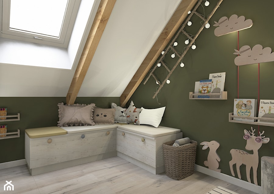 Projekt mieszkania na poddaszu w stylu rustyklanym - Średni biały zielony pokój dziecka dla nastolatka dla chłopca, styl rustykalny - zdjęcie od Karolina Saj-Chodorowska Architektura Wnętrz
