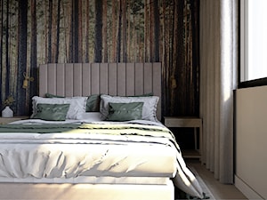 Sypialnia z tapetą, jasnym tapicerowanym łóżkiem. - zdjęcie od Karolina Saj-Chodorowska Architektura Wnętrz