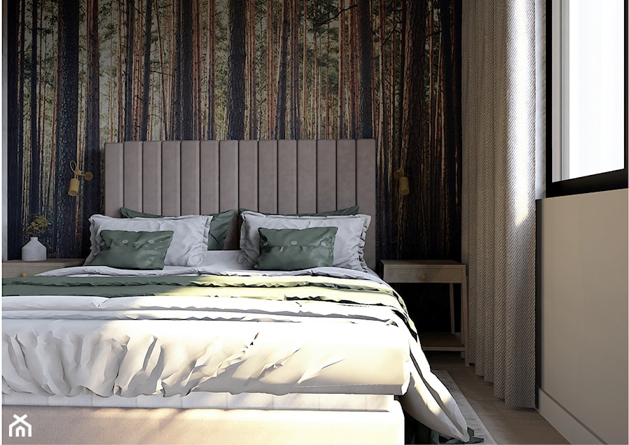 Sypialnia z tapetą, jasnym tapicerowanym łóżkiem. - zdjęcie od Karolina Saj-Chodorowska Architektura Wnętrz