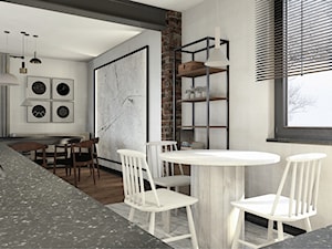 Projekt mieszkania w stylu industrialnym II - Średnia otwarta z kamiennym blatem biała kuchnia w kształcie litery l z oknem z marmurową podłogą, styl industrialny - zdjęcie od Karolina Saj-Chodorowska Architektura Wnętrz