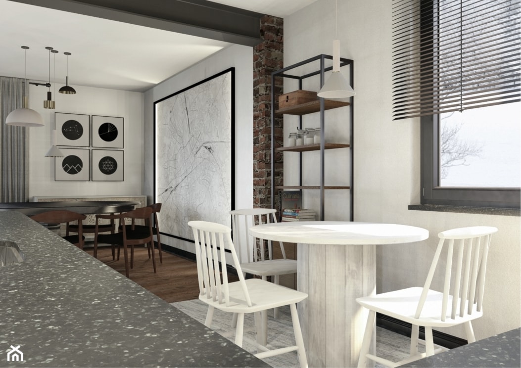 Projekt mieszkania w stylu industrialnym II - Średnia otwarta z kamiennym blatem biała kuchnia w kształcie litery l z oknem z marmurową podłogą, styl industrialny - zdjęcie od Karolina Saj-Chodorowska Architektura Wnętrz - Homebook