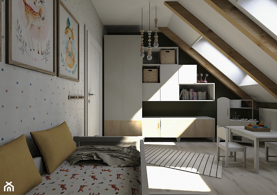 Projekt mieszkania na poddaszu w stylu rustyklanym - Średni biały czarny pokój dziecka dla dziecka dla chłopca dla dziewczynki, styl rustykalny - zdjęcie od Karolina Saj-Chodorowska Architektura Wnętrz