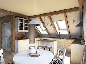Projekt mieszkania na poddaszu w stylu rustyklanym - Średnia otwarta biała szara z zabudowaną lodówką z nablatowym zlewozmywakiem kuchnia w kształcie litery u z oknem, styl rustykalny - zdjęcie od Karolina Saj-Chodorowska Architektura Wnętrz
