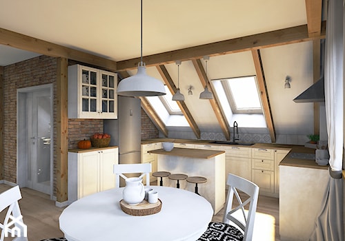 Projekt mieszkania na poddaszu w stylu rustyklanym - Średnia otwarta biała szara z zabudowaną lodówką z nablatowym zlewozmywakiem kuchnia w kształcie litery u z oknem, styl rustykalny - zdjęcie od Karolina Saj-Chodorowska Architektura Wnętrz
