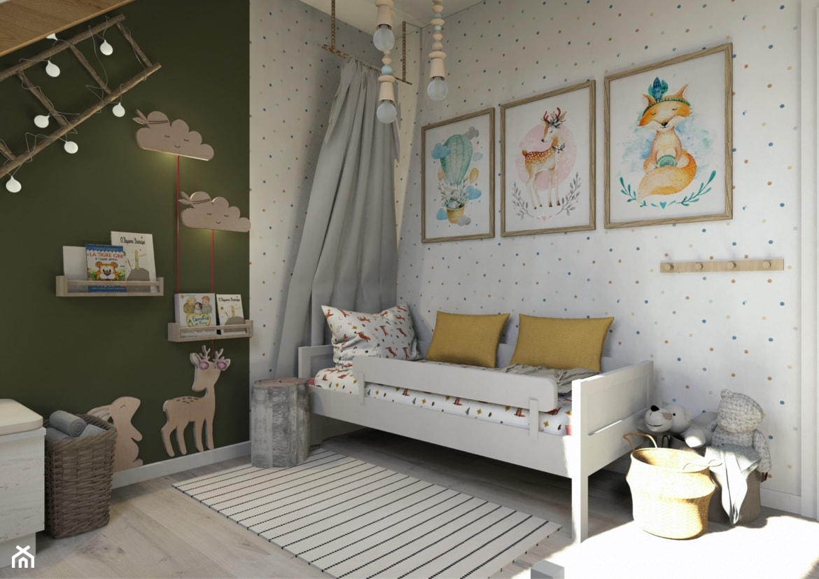 Projekt mieszkania na poddaszu w stylu rustyklanym - Średni szary zielony pokój dziecka dla dziecka ... - zdjęcie od Karolina Saj-Chodorowska Architektura Wnętrz - Homebook