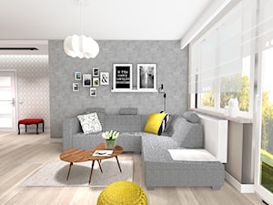 salon z kuchnią, kuchnia z jadalnią, salon z jadalnią, projekt kawalerki, projekt salonu, cegła na ścianie, beton na ścianie, grafiki na ścianie, projekt kaszuby, projekt pomorze, kościerzyna, lustro - zdjęcie od MONTARI