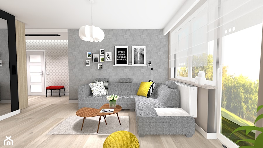 salon z kuchnią, kuchnia z jadalnią, salon z jadalnią, projekt kawalerki, projekt salonu, cegła na ścianie, beton na ścianie, grafiki na ścianie, projekt kaszuby, projekt pomorze, kościerzyna, lustro - zdjęcie od MONTARI