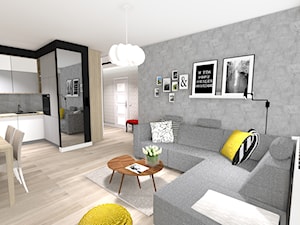 salon z kuchnią, kuchnia z jadalnią, salon z jadalnią, projekt kawalerki, projekt salonu, cegła na ścianie, beton na ścianie, grafiki na ścianie, projekt kaszuby, projekt pomorze, kościerzyna, lustro - zdjęcie od MONTARI