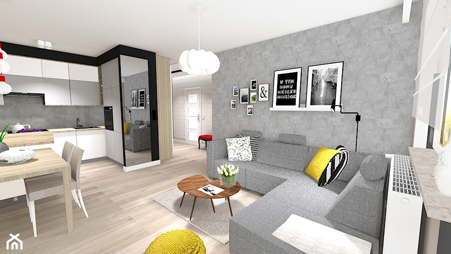 salon z kuchnią, kuchnia z jadalnią, salon z jadalnią, projekt kawalerki, projekt salonu, cegła na ścianie, beton na ścianie, grafiki na ścianie, projekt kaszuby, projekt pomorze, kościerzyna, lustro - zdjęcie od MONTARI