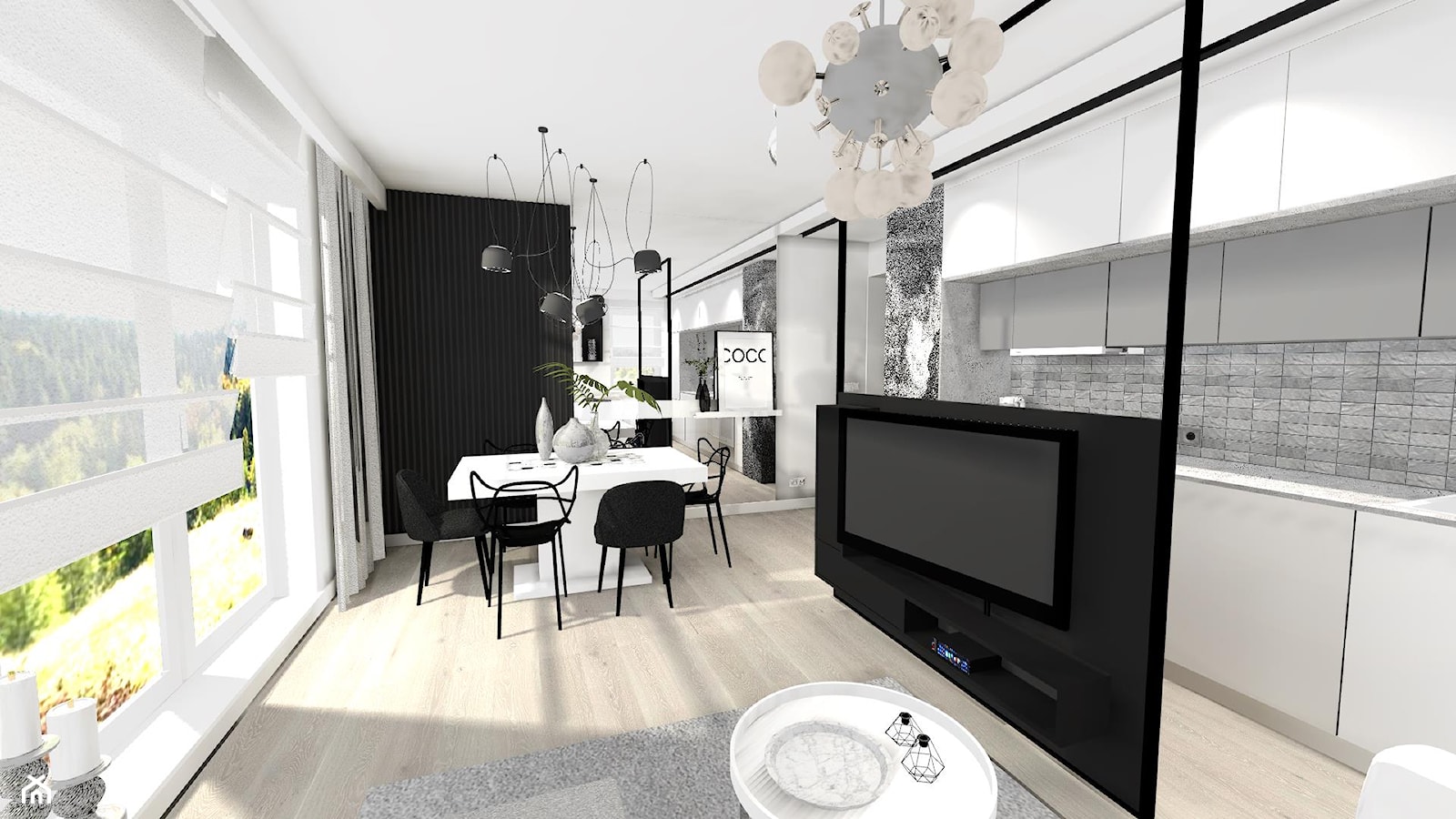 Wnętrza prywatne - Mały biały czarny salon z kuchnią z jadalnią, styl glamour - zdjęcie od MONTARI - Homebook