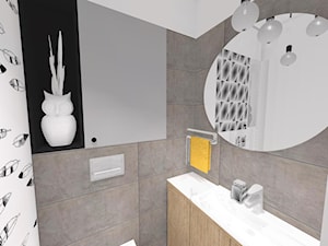 Szare płytki w WC, projekt WC, małe WC, grafika w łazience, fototapeta w WC, projekt WC, szare szafki w WC - zdjęcie od MONTARI